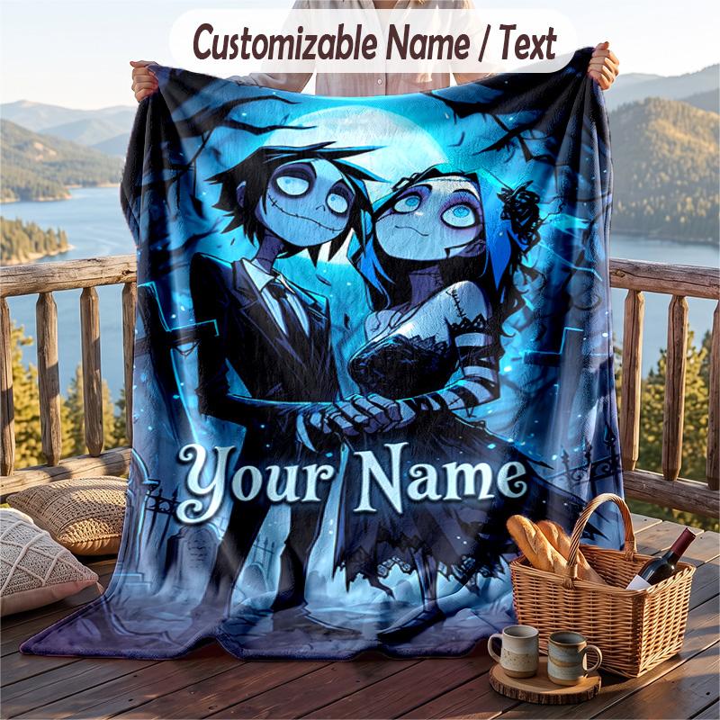 Custom Text Flannel Throw Blanket, Lightweight Cozy Bed Sofa BlanketCorpse Bride Emily Victor