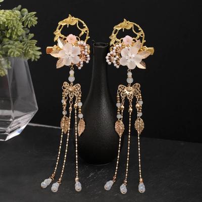 1 Pair Flower Leaf Pearls Long Tassel Pendant Hanfu Dress Chinese Hairpins Clips for Women Girls Wedding Hair Ornaments