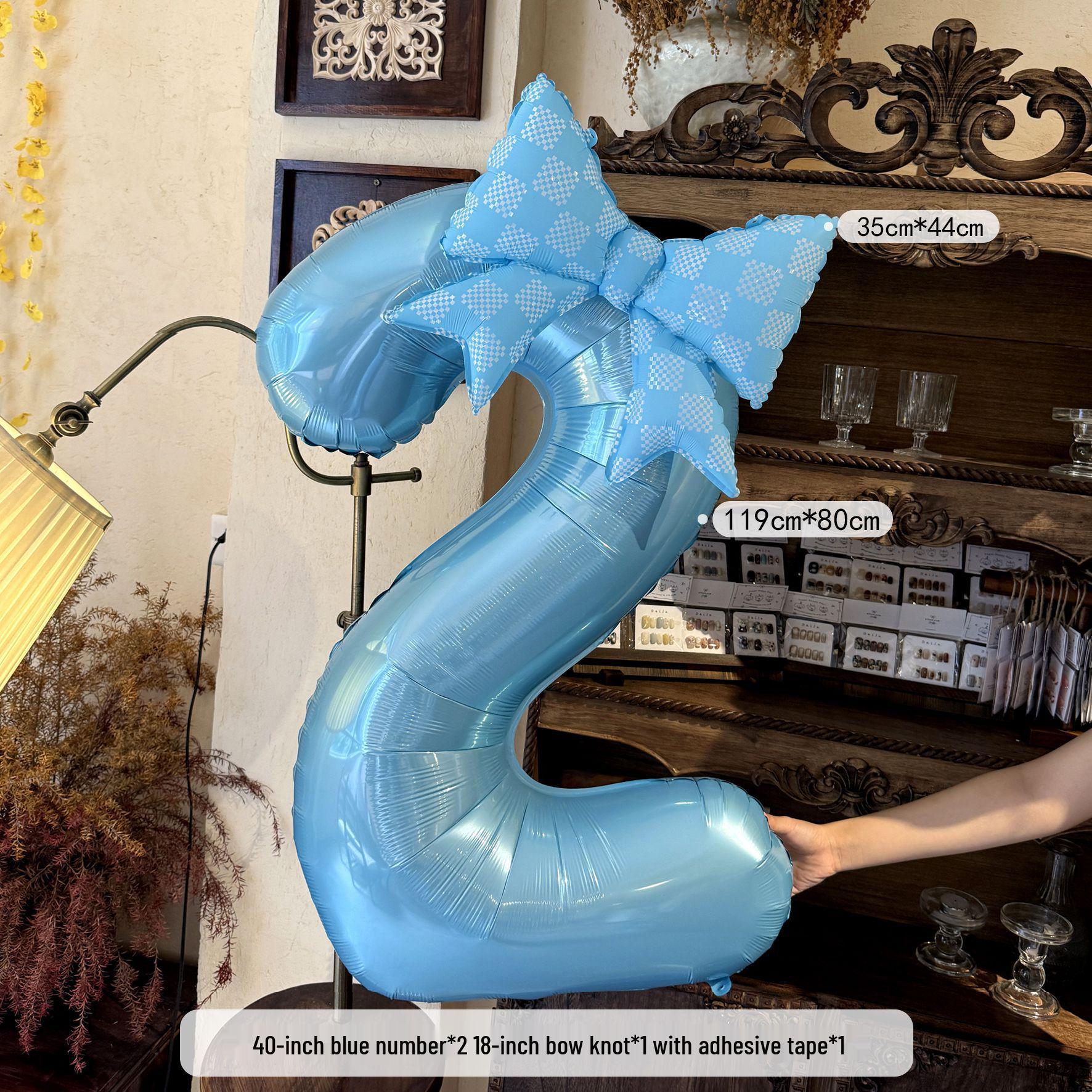 Plaid Bow 40-inch Blue Large Number Balloon for Birthday Party Decoration
