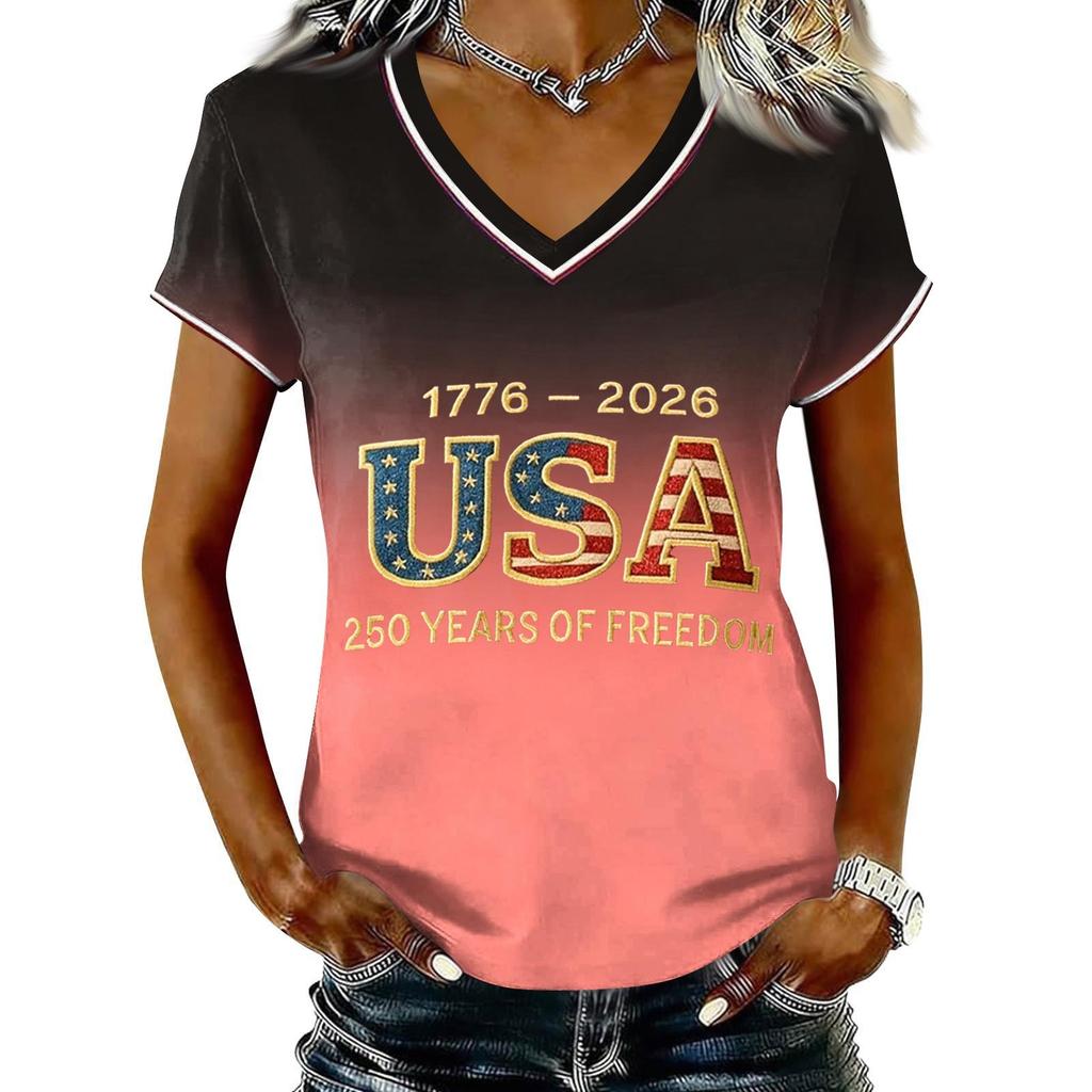 Women Casual V Neck Short Sleeve Pullover T Shirt Gradient Print USA Independence Day Graphic Top
