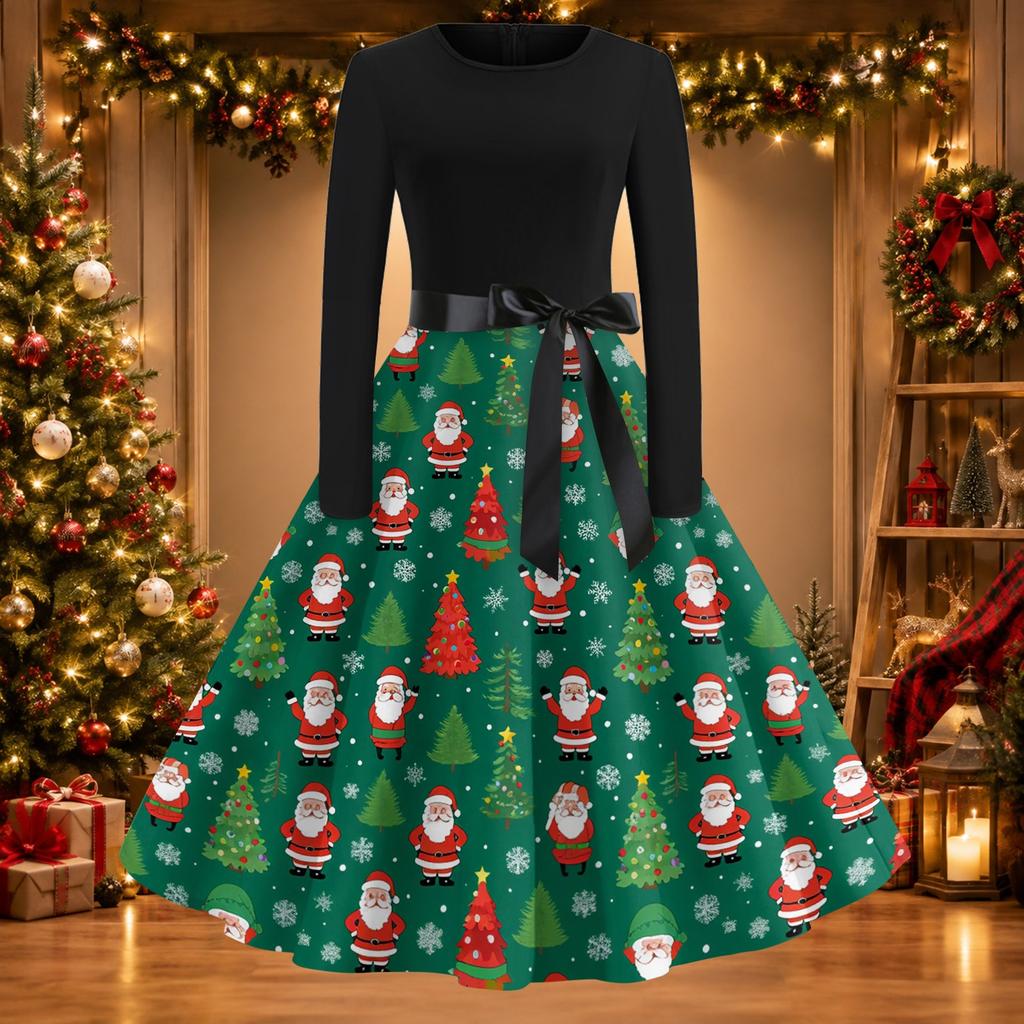 Women's Casual Fashion Christmas Print Round Neck Vintage Dress for Holiday Parties