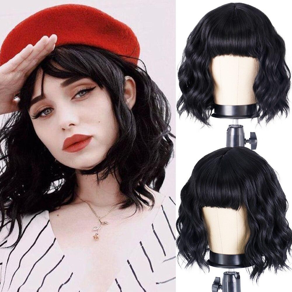 MISS WIG Women Fashion Short Wavy Wig with Bangs Synthetic Fiber Pure White Wavy Wig Cosplay Halloween Party Wear