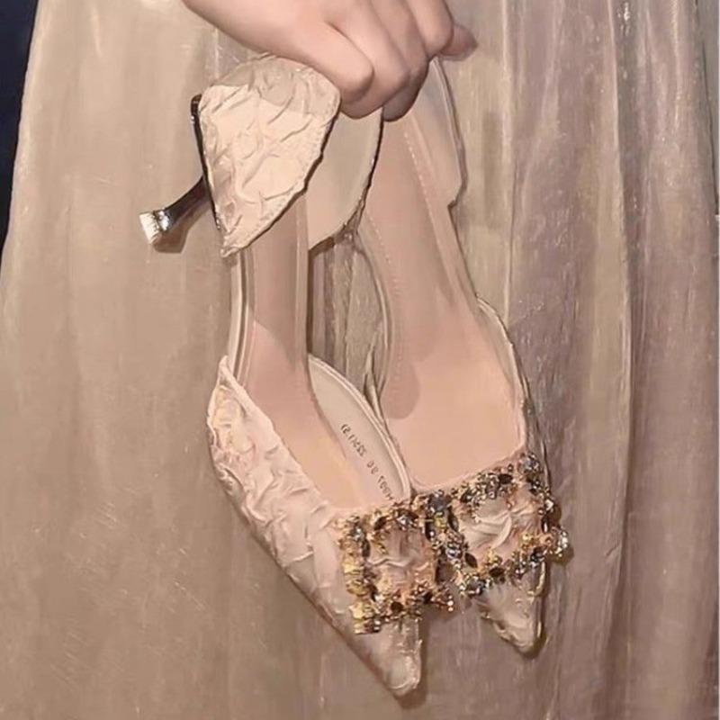 

Fashion Fashion Crystal Buckle Med Heel Pumps Women Pointed Toe Thin Heels Party Shoes Woman 2024 Slip-On Rhinestones Sexy Zapato Mujer 35 синий