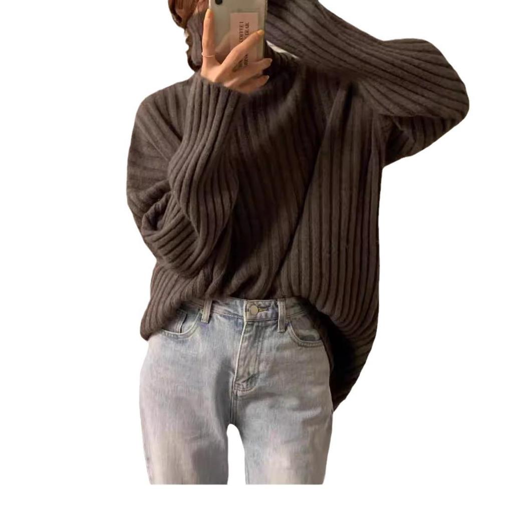 Women's Thick Ribbed Wool Turtleneck Sweater - Loose, Versatile Knit Top