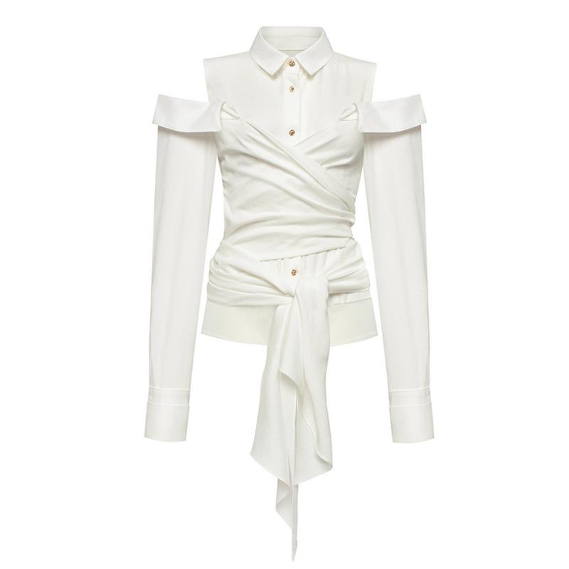 

Women s French Retro Off-Shoulder Blouse - 2025 Spring/Summer Collection, European & American Style, Long Sleeve Tie-Up Top Large білий