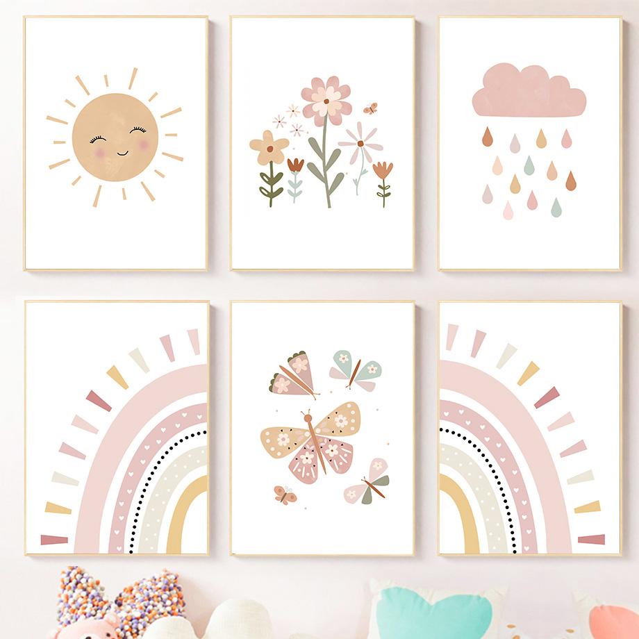 Cute Sun Rainbow Clouds Butterfly Flower Wall Art Canvas Painting Pink Posters And Prints Pictures Girl Kids Room Bedroom Decor