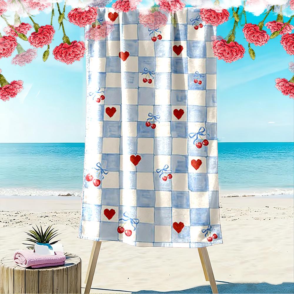 Blue Checkered Pattern with Hearts and Cherries Beach towel quick-drying for travel outdoor sports jogging beach and swimming