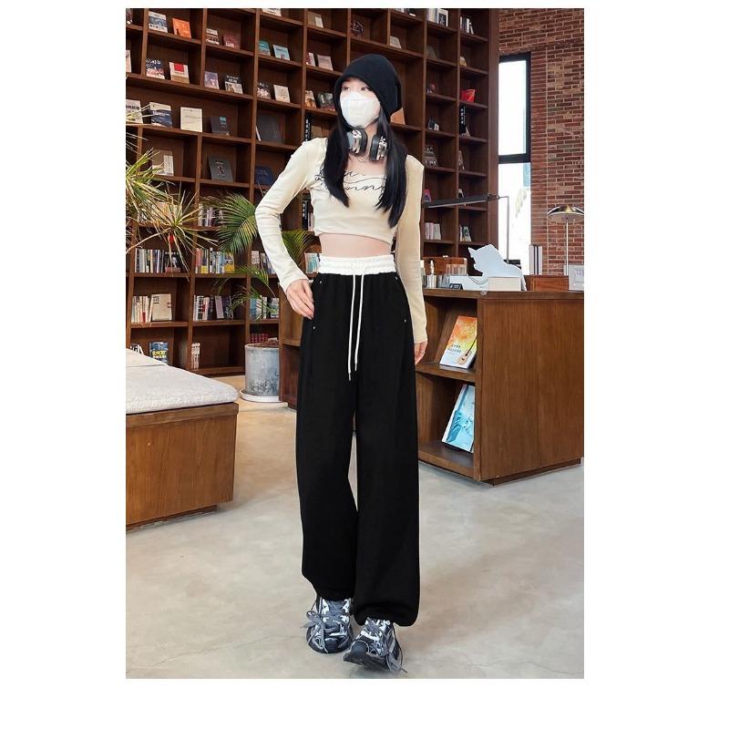 

Contrasting color scimitar pants double color elastic high waist thin casual sweatpants women s versatile loose drawstring leggings M чёрный