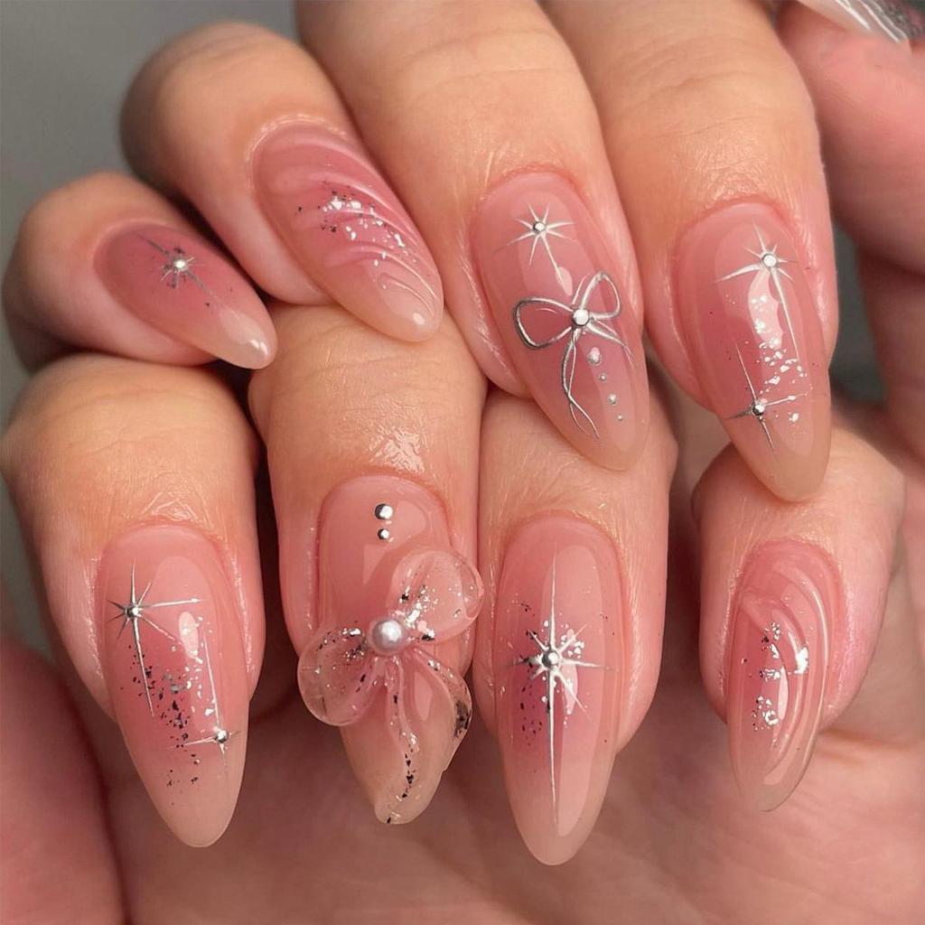 24 Pieces 3D Bow Pearl Wearing Nail Piece Blush Fake Nail Star Butterfly Wearing Nail Piece