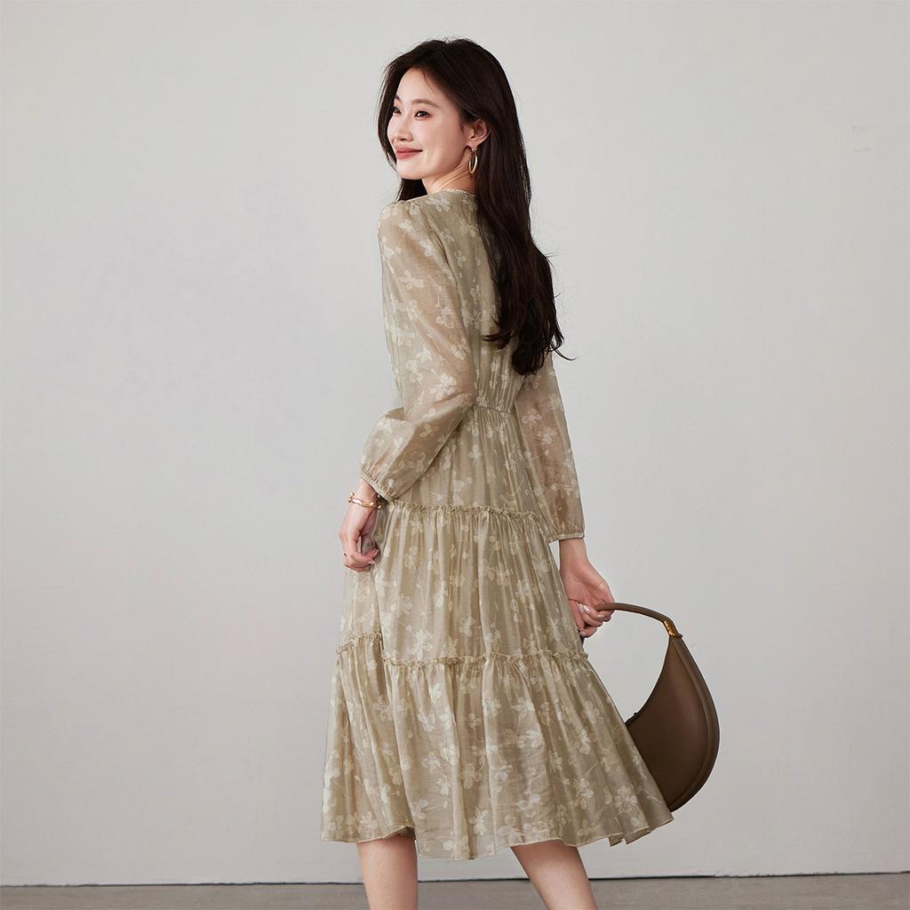 Lyocell linen printed long sleeved dress for spring 2026, slimming and slimming mid length A-line skirt