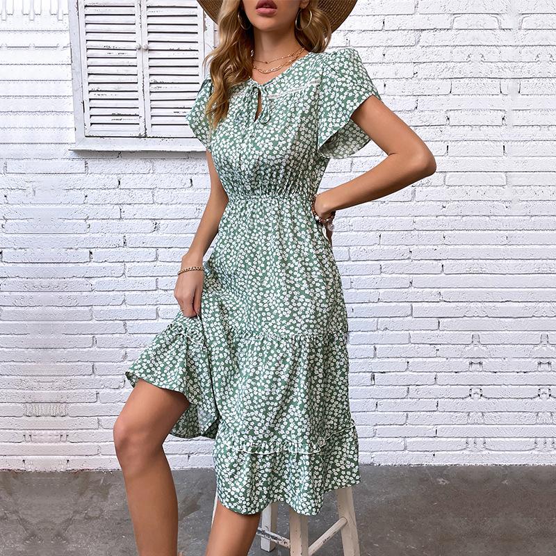 2025 summer new women's fashion green print dress