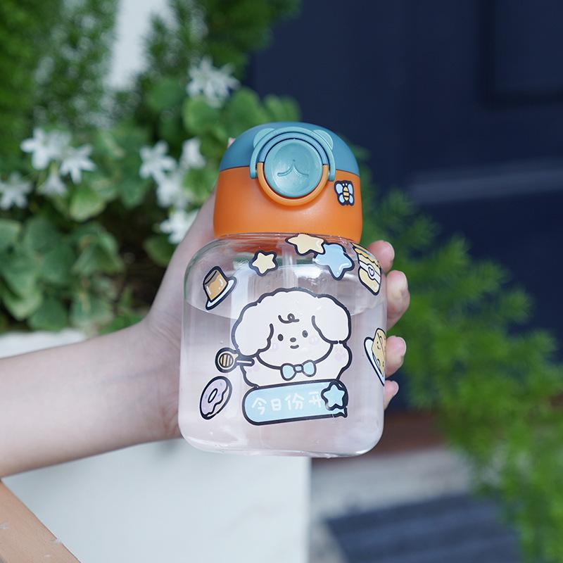 Water Bottle Color Matching Bounce Cover Straw Cup Children Cute Fun Cartoon Plastic Water Cup Primary School Students Strap Portable Cup