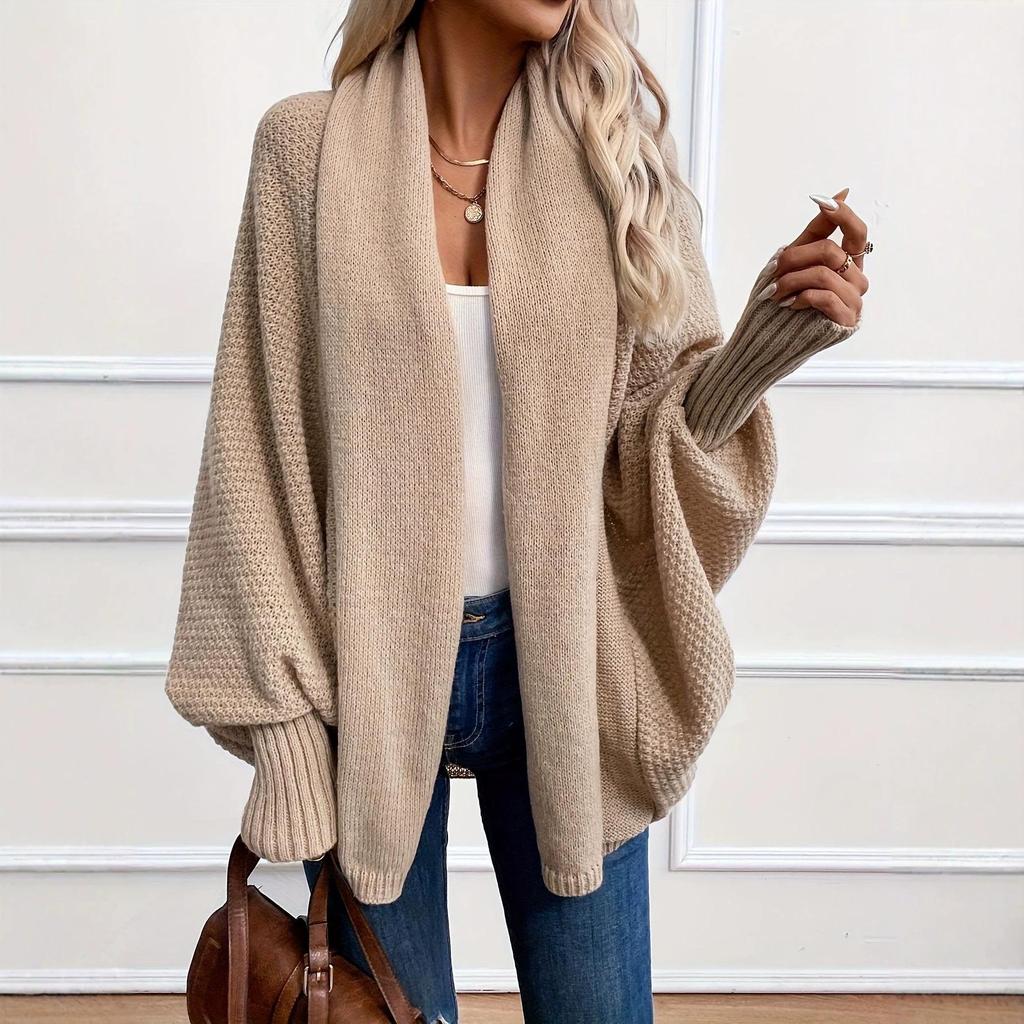 European & American Casual Open Knit Cardigan: Women's Loose, Big Collar, Lantern Sleeve, Lazy Style