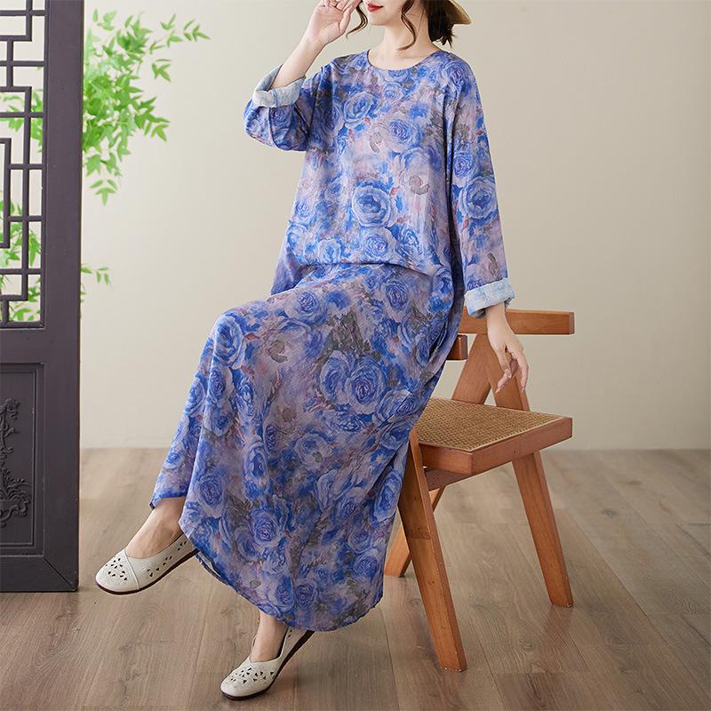 Plus Size Round Neck Cotton Linen Print Long Sleeve Holiday Dress 3XL Plus