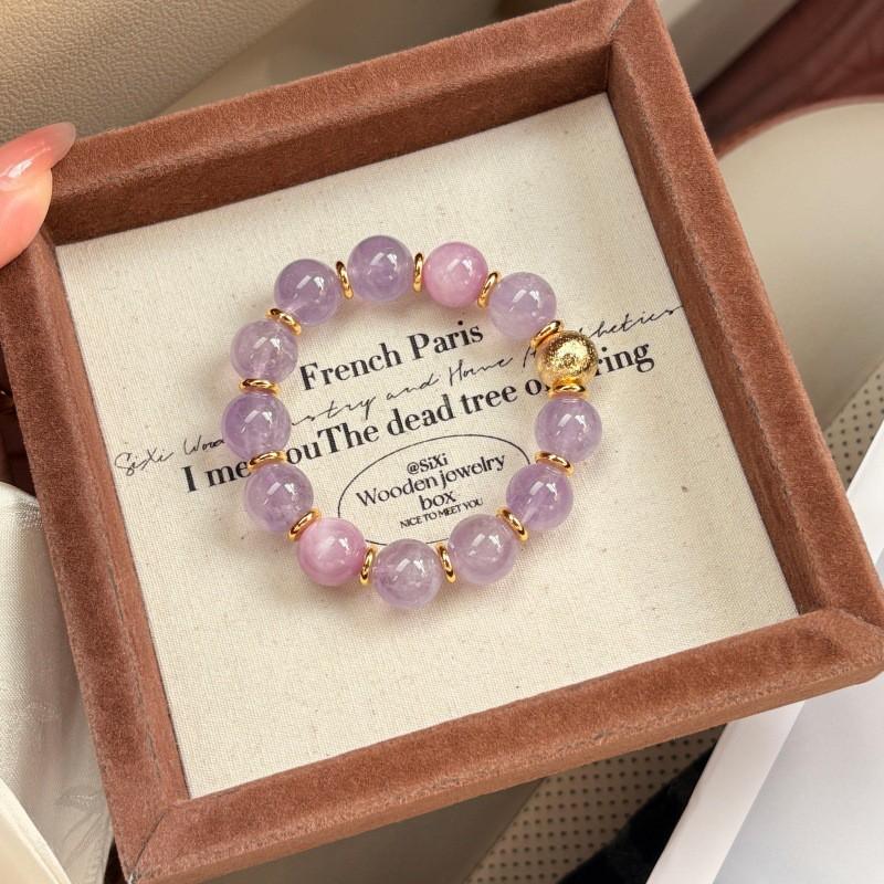 Handmade Natural Lavender Amethyst Kunzite Crystal Bracelet Women Single Strand Round Bead Elegant Versatile