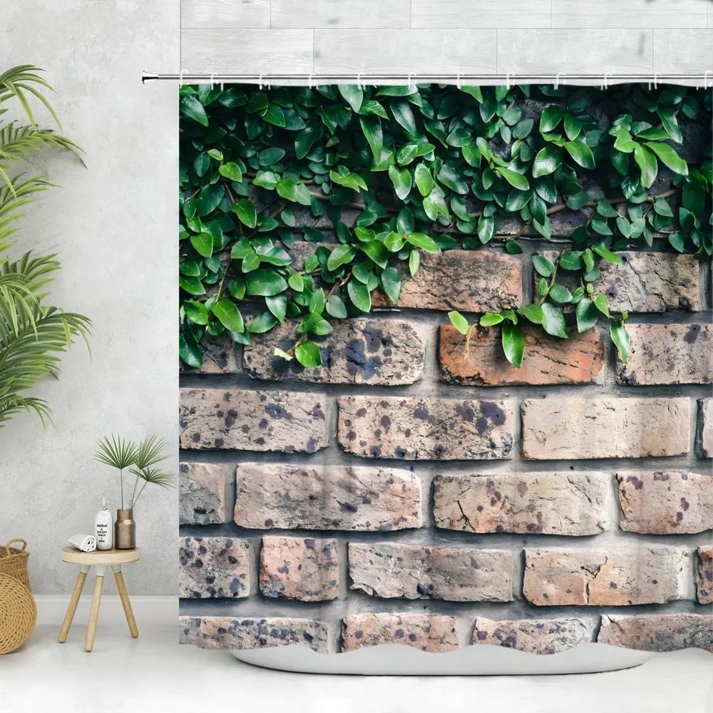 Brick Wall Shower Curtain Vintage Vines Spring Greenery Nature Scenery Leave Farm Flower Polyester Fabric Bathroom Decor Curtain