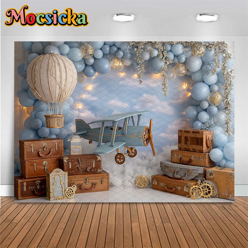 Mocsicka Airplane Hot Air Balloon Photography Backdrop Blue Sky Clouds Suitcases Background Kids Adventure Photo Shoots Tapestry Fabric-180x110cm