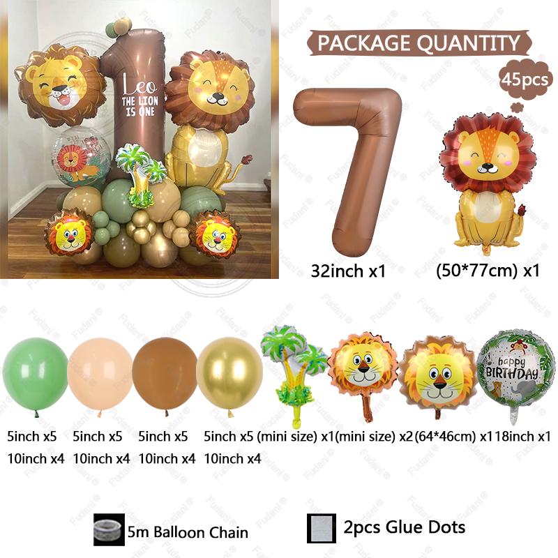 45pcs Jungle Animal Theme Balloon Chocolate Number Balloon Set Cartoon Animal Festival Supplies Childrens Birthday Party Decorat