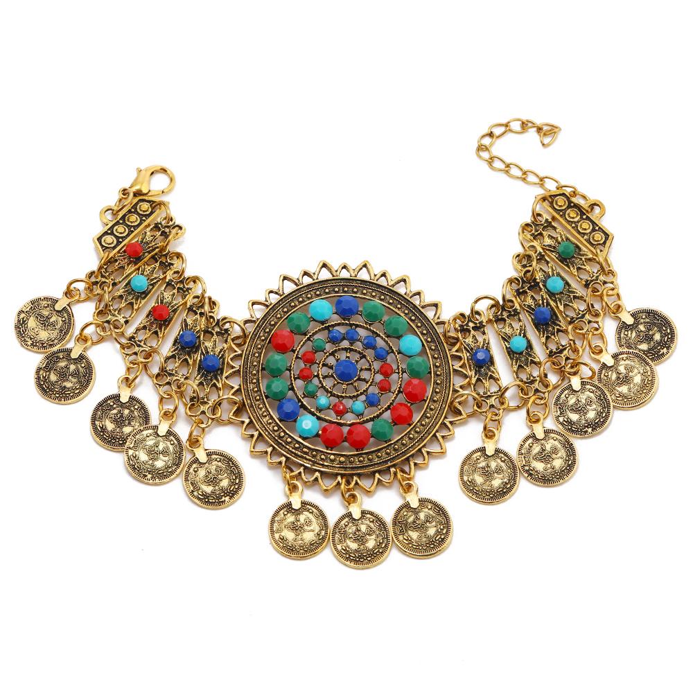 Bohemian Ethnic Indian Head Jewelry Retro Alloy Hollowed Out Colored Acrylic Coin Tassel Head Chain For Women Bridal Headdress