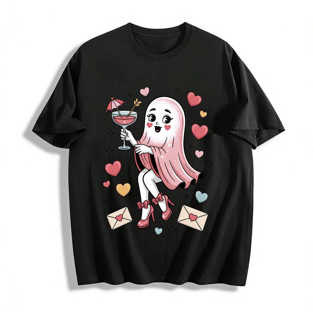 

Sparkle Pink Ghost Heart Cocktail Party Graphic Tee Pure cotton T-shirt 6XL