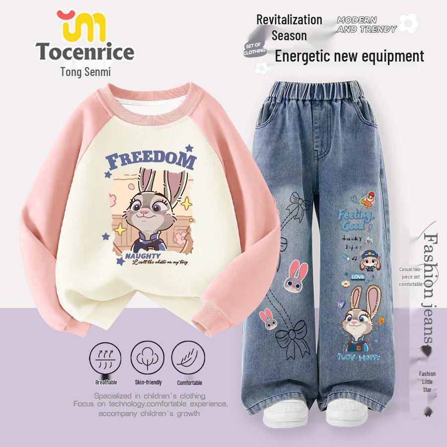 Zootopia Judy Autumn/Winter Girls' Two-Piece Set: Stylish Hoodie and Jeans for Trendy Medium To Older Children.
