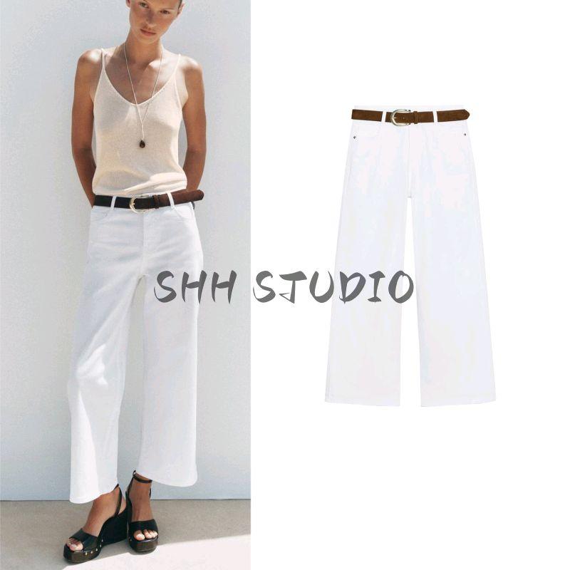 Summer New Women clothes French style Five-Pocket Design With Belt High Waist Wide Leg Denim Trousers 1889152