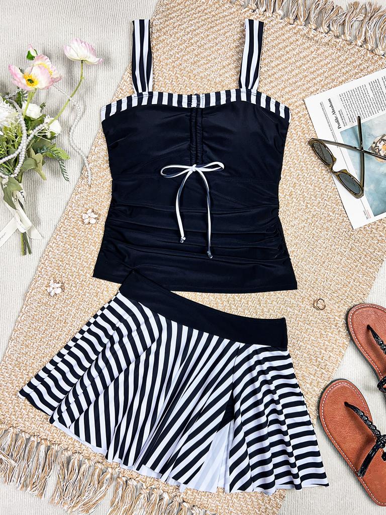 Damen Badeanzug Gestreift Kontrastfarbe Kordelzug Träger Sexy Hoher Bund Schlitz Geteilt Badeanzug Bikini Anzug Strandkleidung