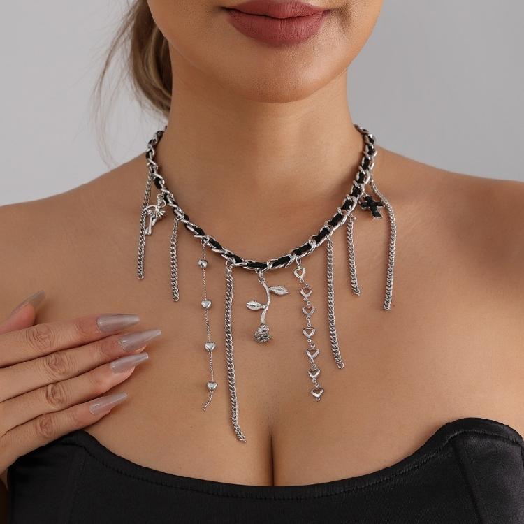 Beaded Crucifix Tassels Necklace With Velvets Rope Chain For Everyday Styling Adjustable Clavicle Chain Accessory