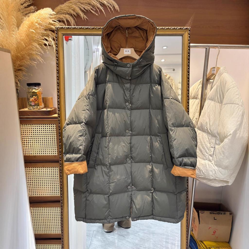 Hooded medium and long down jacket women's autumn and winter new thickened large version large size contrasting color literary jacket