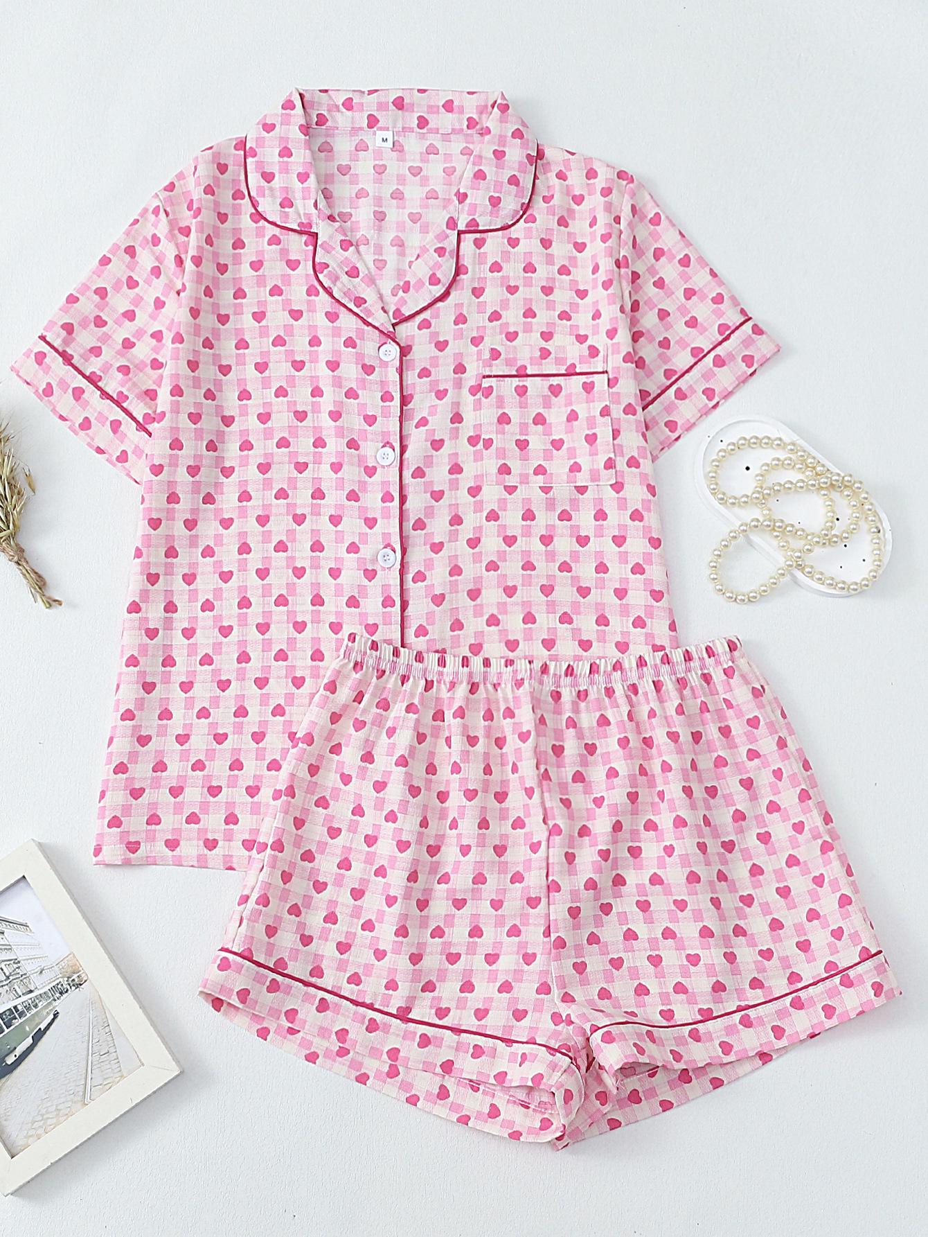 2025 Plaid Heart Print Bubble Crepe Pajama Set - Women s Short-Sleeve, Short-Pants Homewear Small