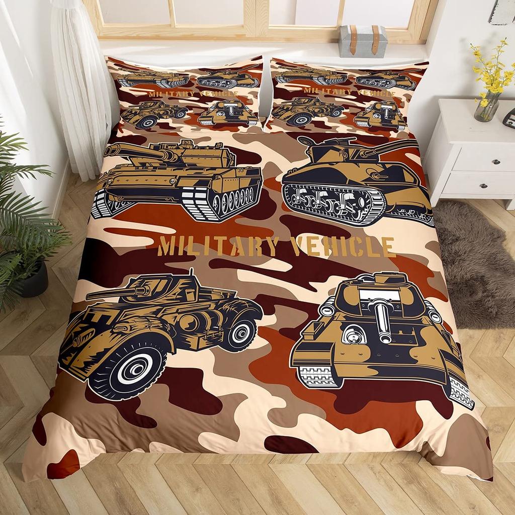 Cartoon Tank Duvet Cover War Theme Bedding Set For Kids Boys Man Soldier Camouflage Army Acting Polyester Comforter Cover King