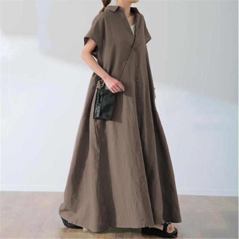 Tooxika New Women's Solid Color Short-sleeved Cotton And Linen Dress Loose Lapel Shirt Long Skirt