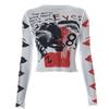 2KWEIRD Y2K Seksowne Koronkowe Siateczkowe Przezroczyste T-Shirty Gotycki Nadruk Graficzny Długi Rękaw Dzianinowe Naszywane Top Vintage Kobiety Lato Streetwear