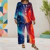 Women Plus Size Red Blue White Printed Two Piece Set Round Neck Long Sleeve Layered Top Wide Leg Cropped Pants