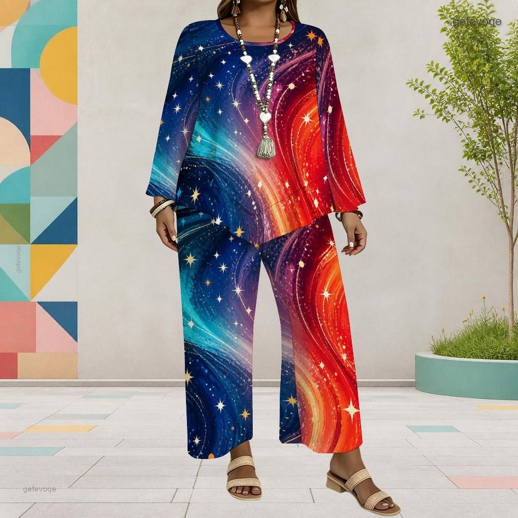 Women Plus Size Red Blue White Printed Two Piece Set Round Neck Long Sleeve Layered Top Wide Leg Cropped Pants