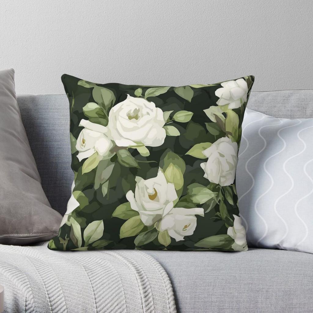 White Green Roses Blossom Square Pillowcase Polyester Linen Velvet Creative Zip Decor Throw Pillow Case Home Cushion Case