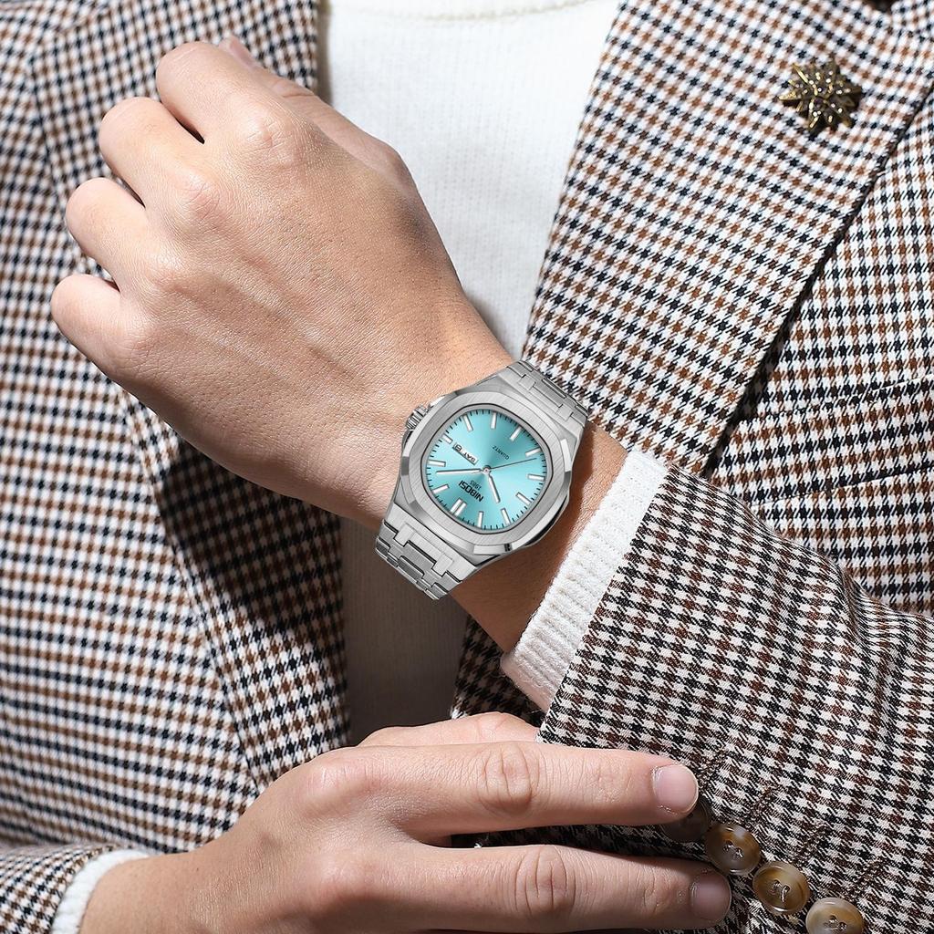 Waterproof Mens Square Quartz Watch Luminous Day Date Display Steel Strap Classic Casual Daily Wristwatch