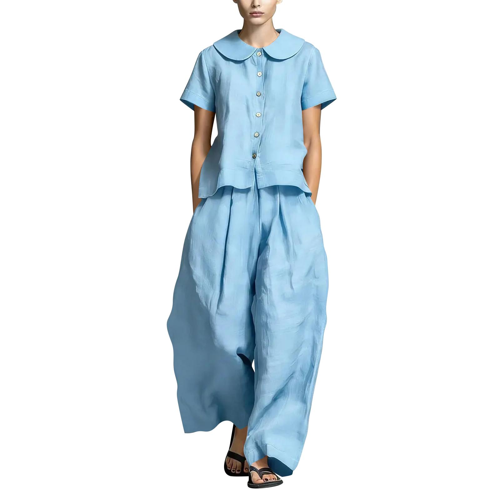 Women s Fashion Collar Shirt And Wide-Leg Pants Linen Two-Piece Set L синий