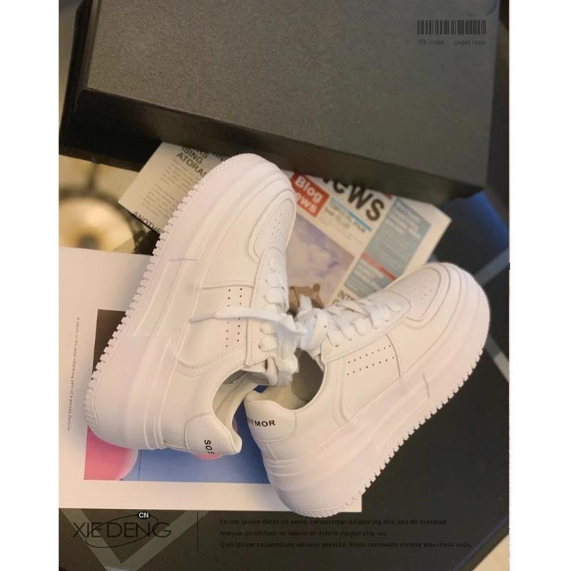 Leather platform white shoes women's spring and summer new heightening versatile lace-up round head white board shoes