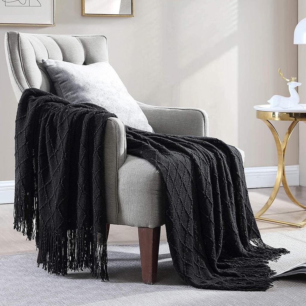 Gift Knitted Throw Blankets For Couch And Bed, Soft Cozy Knit Blanket With Tassel, Black Lightweight Decorative Blankets Throws