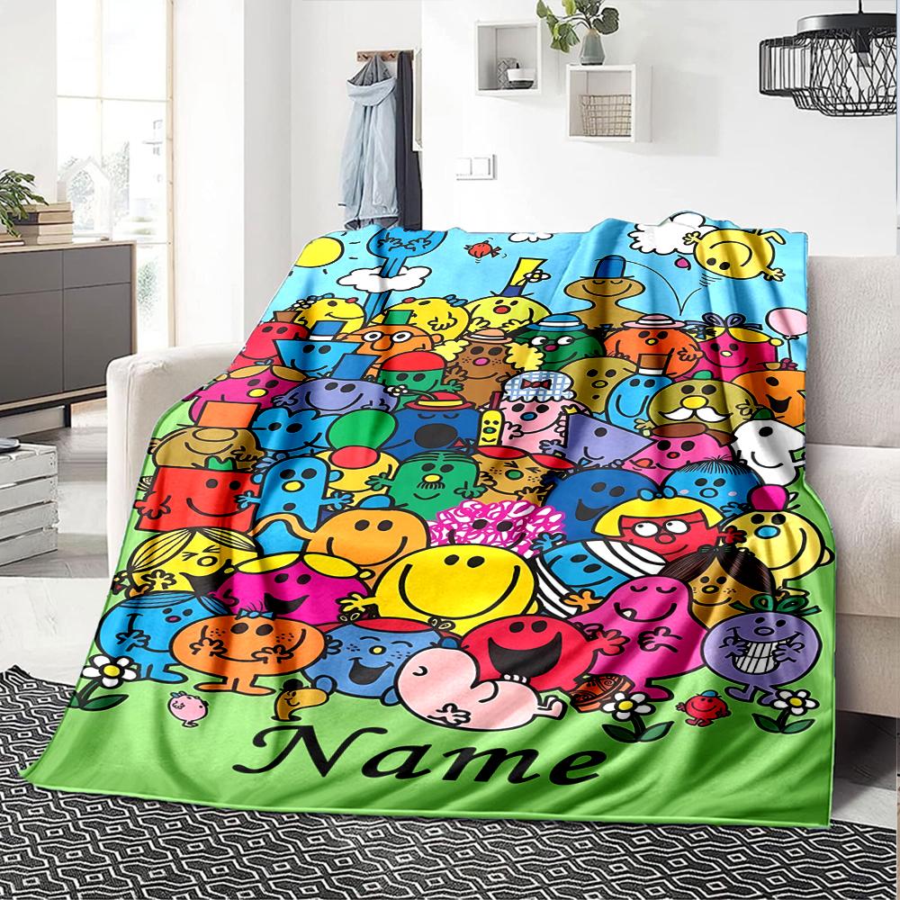 Custom Name Mr. Men and Little Miss Theme Printed Blanket - Perfect for Couch, Bed, Travel & Outdoor Use | Machine Washable, Cozy & Durable.