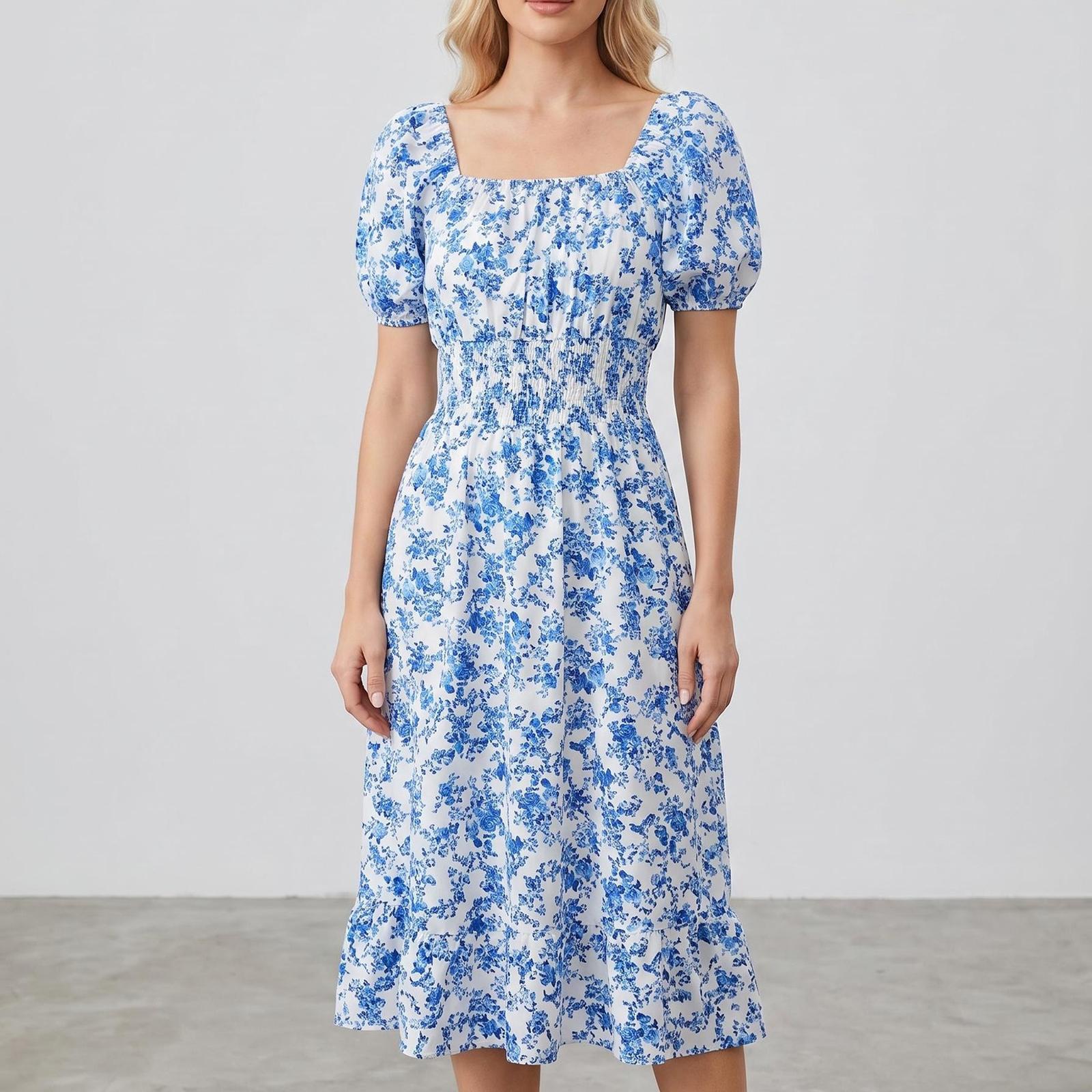 Women s Casual Square Neck Floral Print Short Sleeve Ruffle Hem Dress L