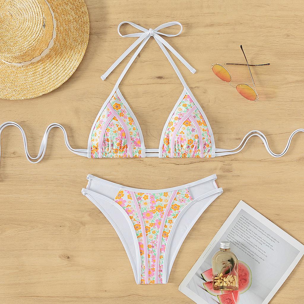 Triangle Tie Small Floral Print Sexy Two Piece Bikini Set Elegant Beach Wear