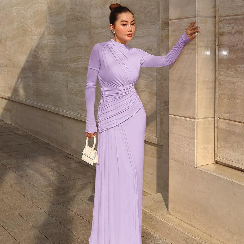 Women's Summer New Product Fashion Temperament Slim Pleated Zipper Crew Neck Long-sleeved Dress