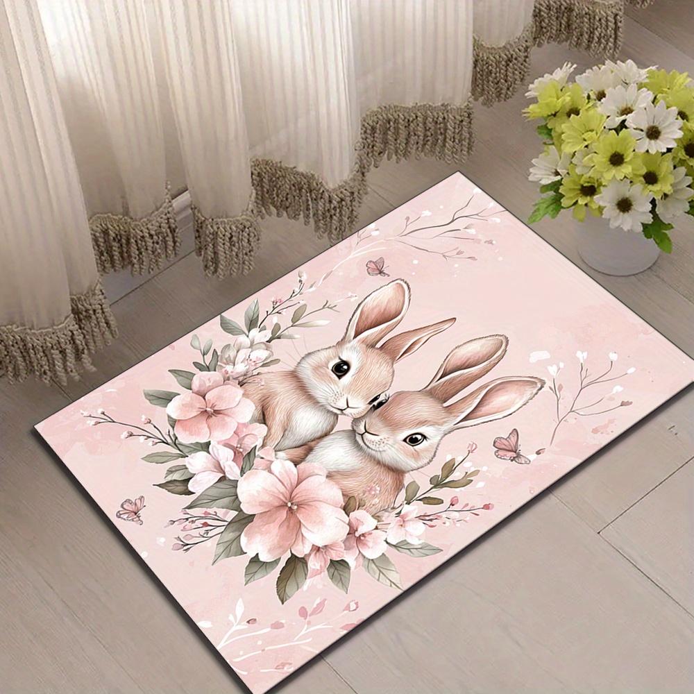 Soft Pink Velvet Rabbit & Floral Area Rug – Durable Polyester Carpet for Living Room, Bedroom, Kitchen, and More