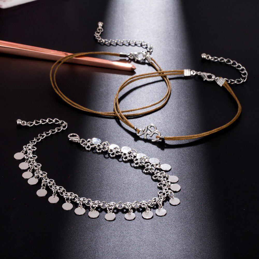 2024 3 Pcs Multi-Layer Anklet Set Handmade Round Pendant Beach Ankle Chain for Women Jewelry Party Gift