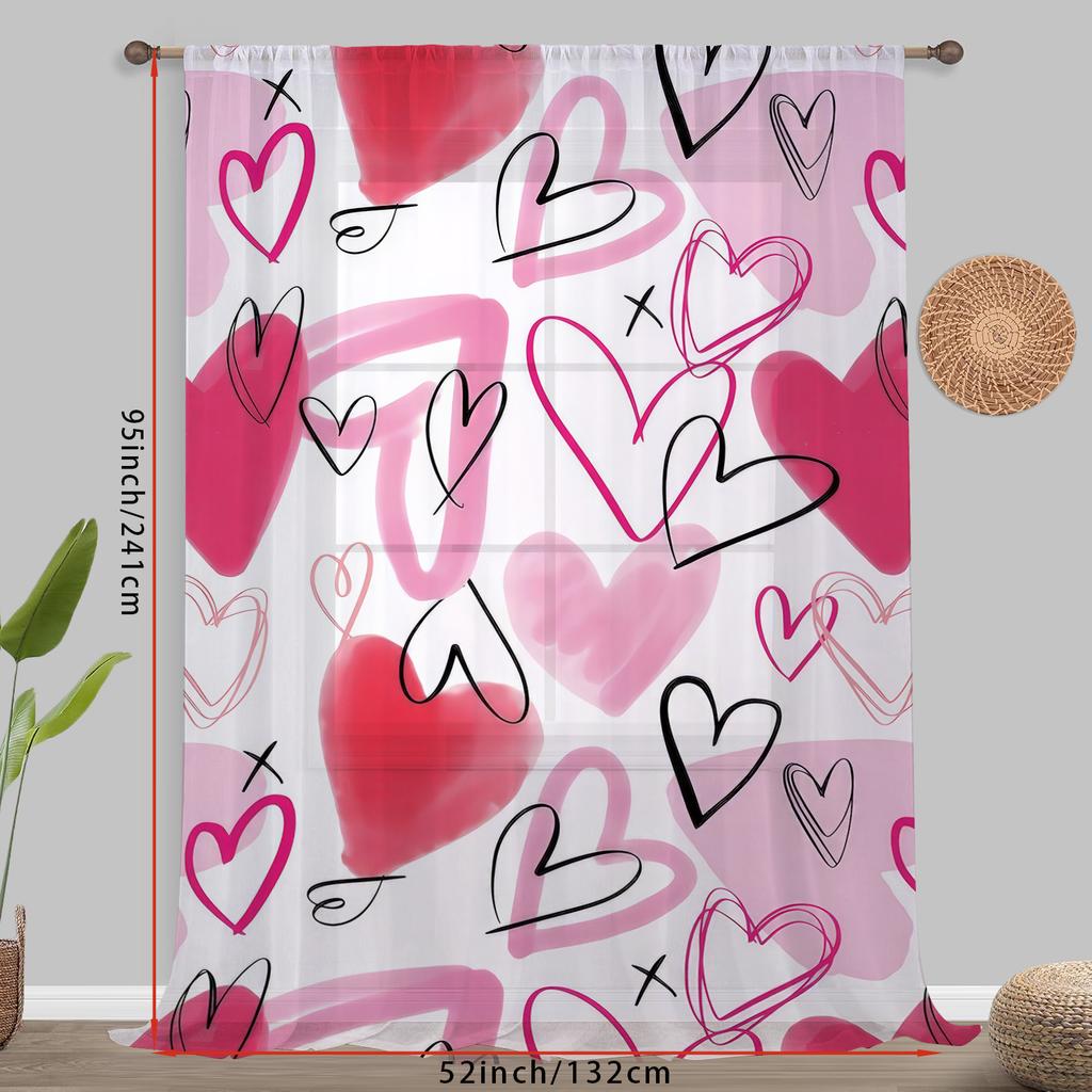 Pink Black Line Heart Shaped Gauze Curtain Romantic Style Living Room Bedroom Translucent Curtains Single Panel Made Of Polyester Great Decor