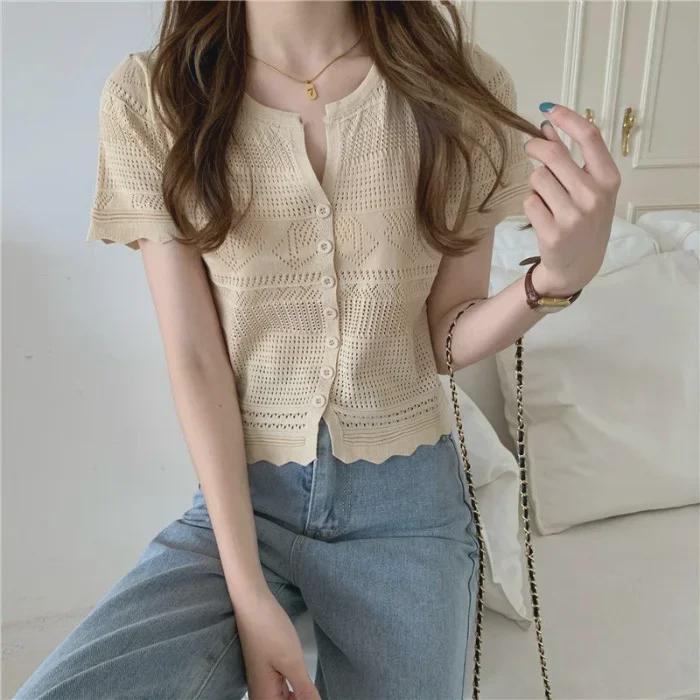 Women's Hollow Knit Cardigan - Short Sleeve, Mesh, Shawl Top, 2023 Spring/Summer Sunscreen Style