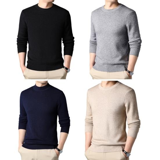 Men Fall Winter Sweater Round Neck Long Sleeve Knitted Soft Warm Slim Fit Business Elastic Solid Color Anti-shrink Men Casual Sweater