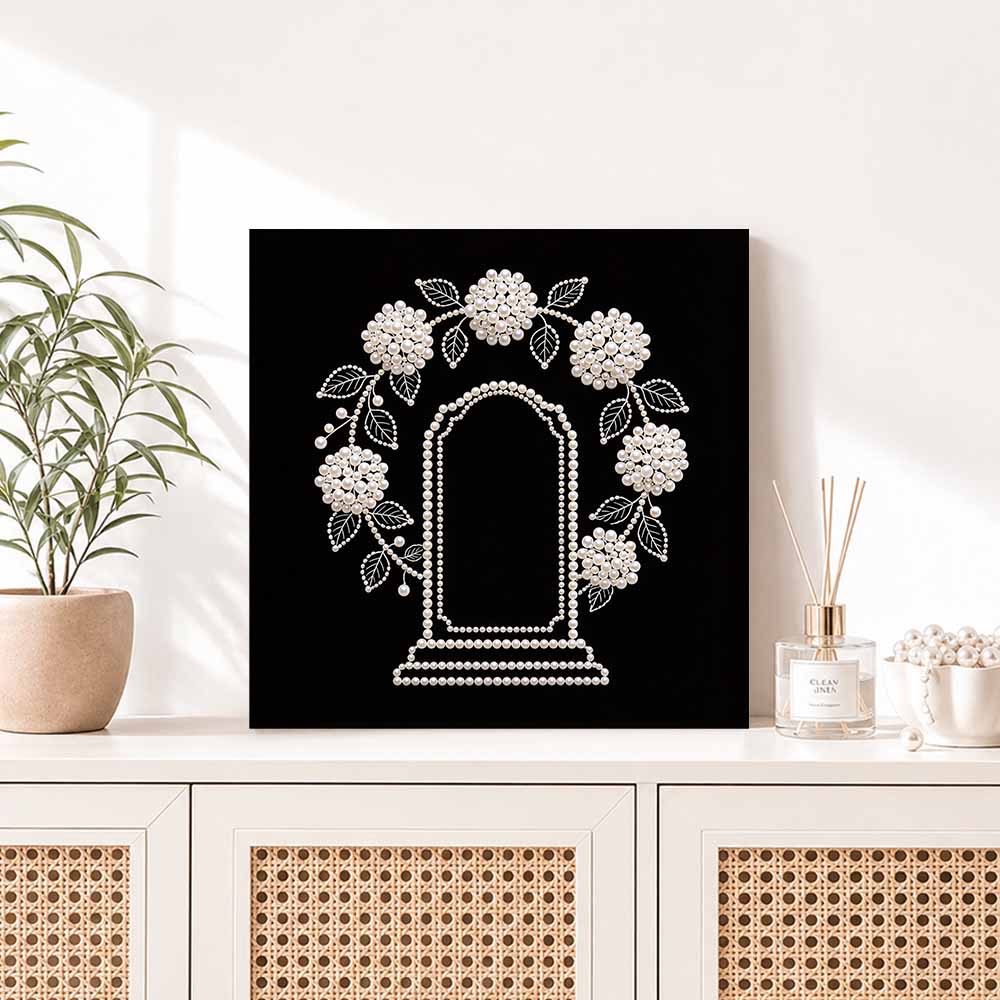 DIY Pearl Diamond Painting Set with Frame Floral Wreath Pattern 3D Pearl Beads. Home Wall Decor